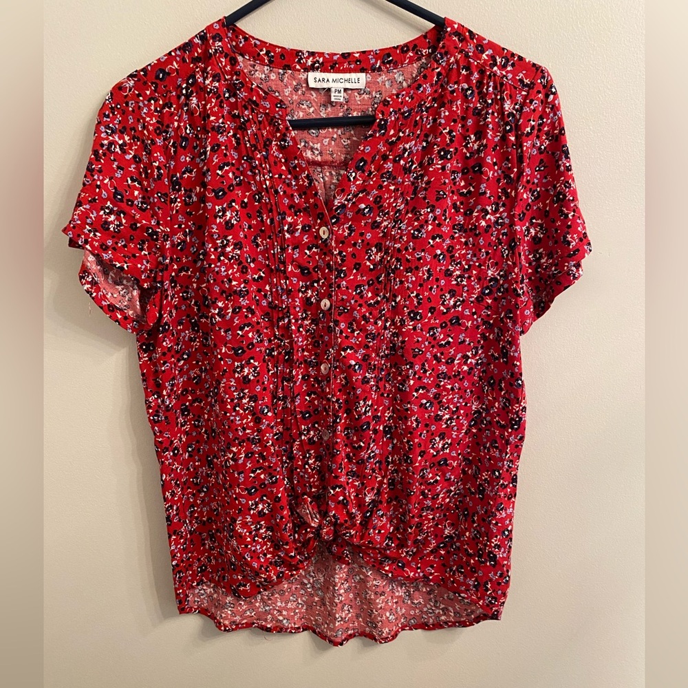 Tie front blouse in classic red, white, and blue. Sara Michelle PM